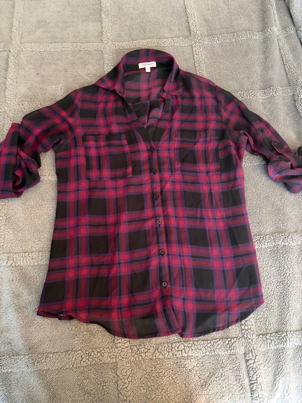 Express Black and Pink Plaid Roll-Sleeve Shirt
